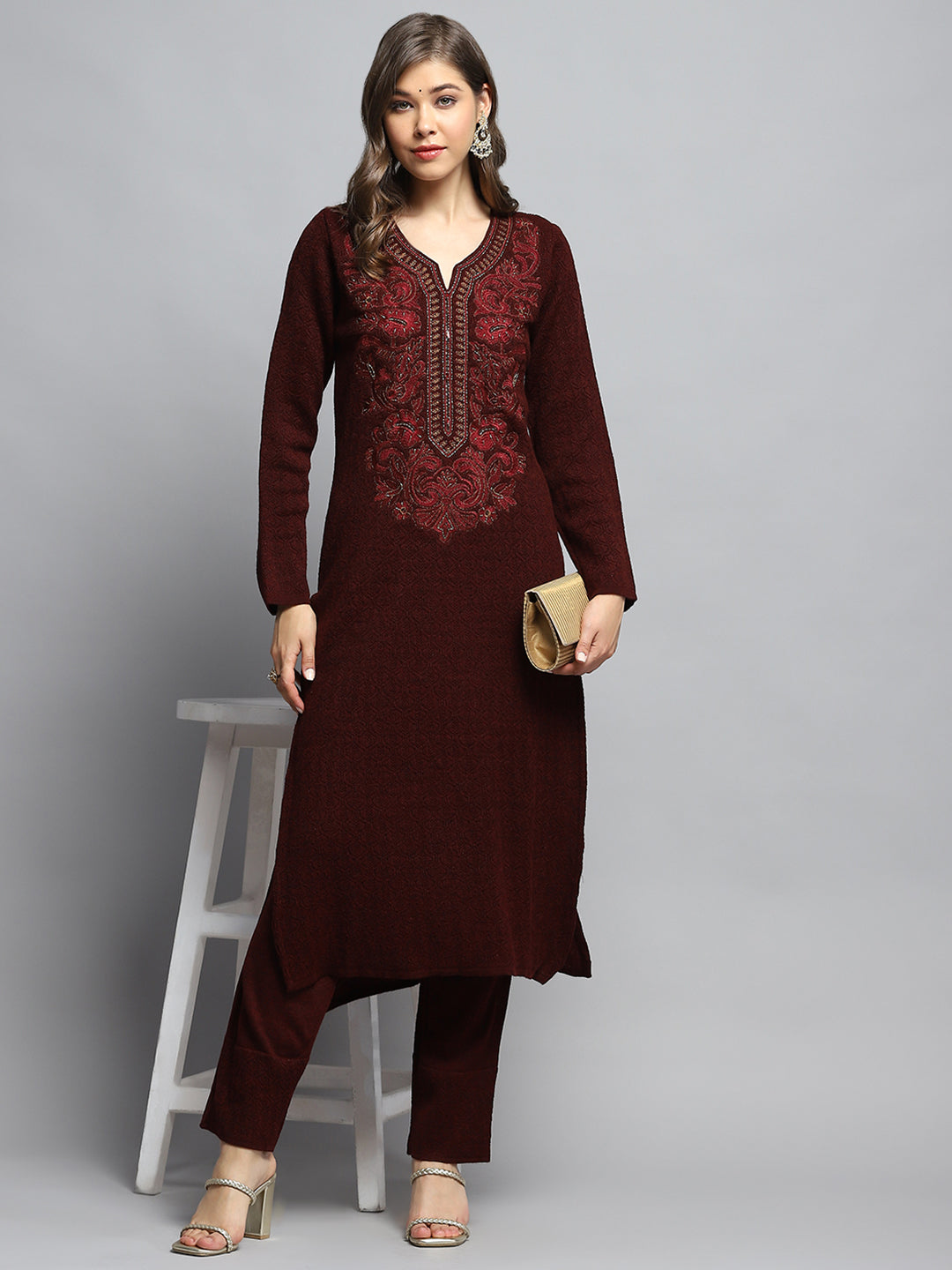 Women Maroon Self Design Round Neck Full Sleeve Kurti Set