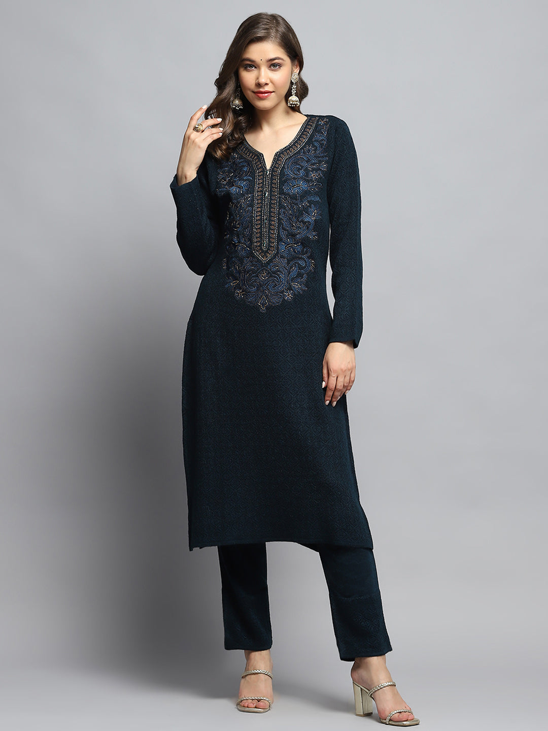 Women Teal Blue Self Design V Neck Full Sleeve Kurti Set