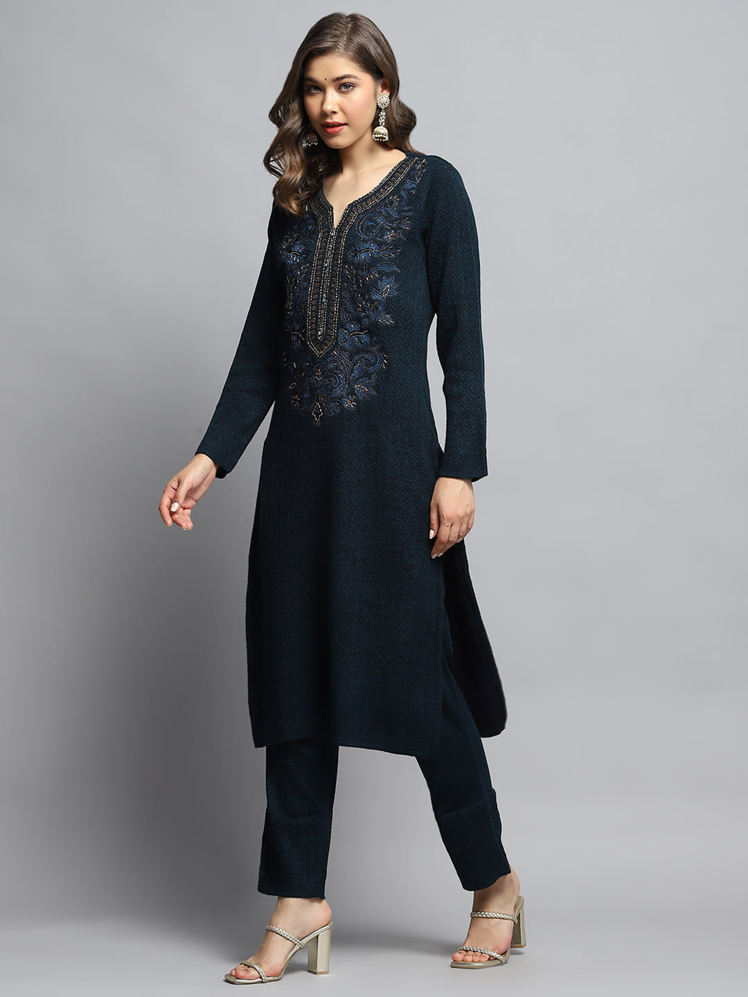 Women Teal Blue Self Design V Neck Full Sleeve Kurti Set