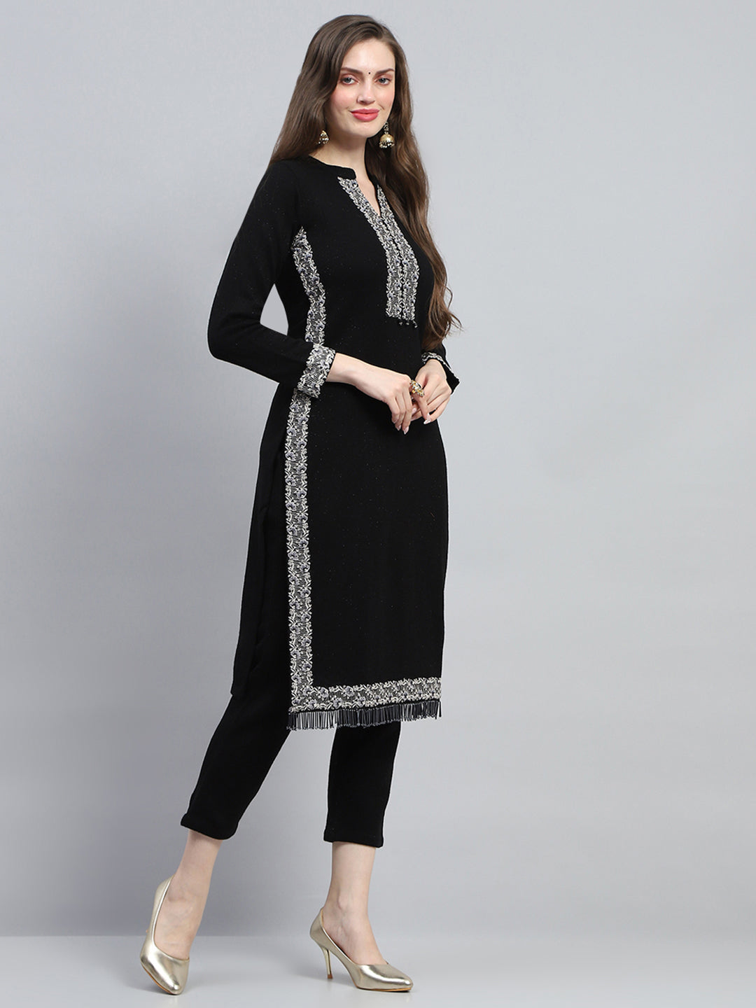 Women Black Embroidered Round Neck Full Sleeve Kurti Set for Winter