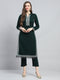 Women Green Embroidered Round Neck Full Sleeve Kurti Set for Winter