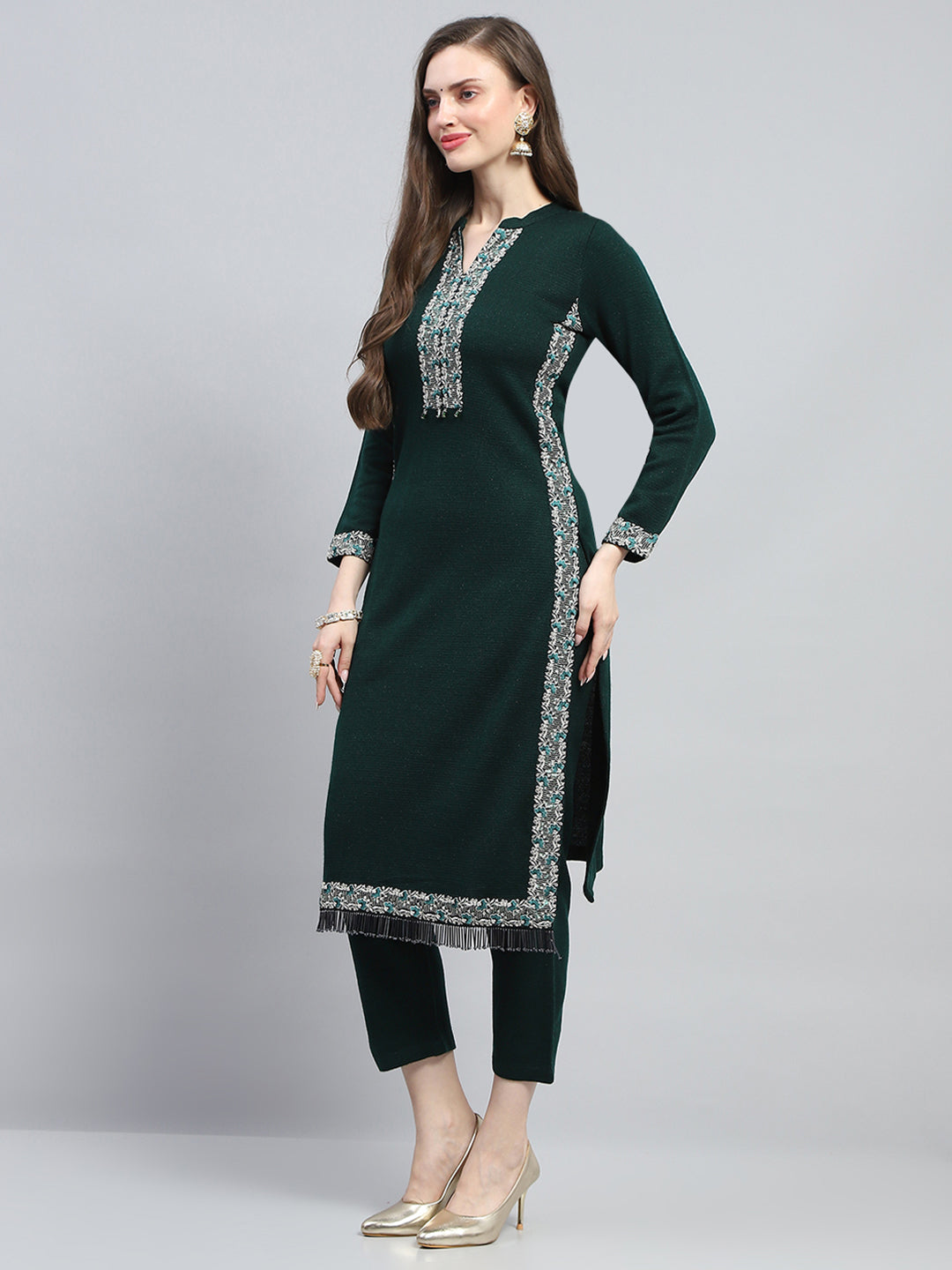 Women Green Embroidered Round Neck Full Sleeve Kurti Set for Winter