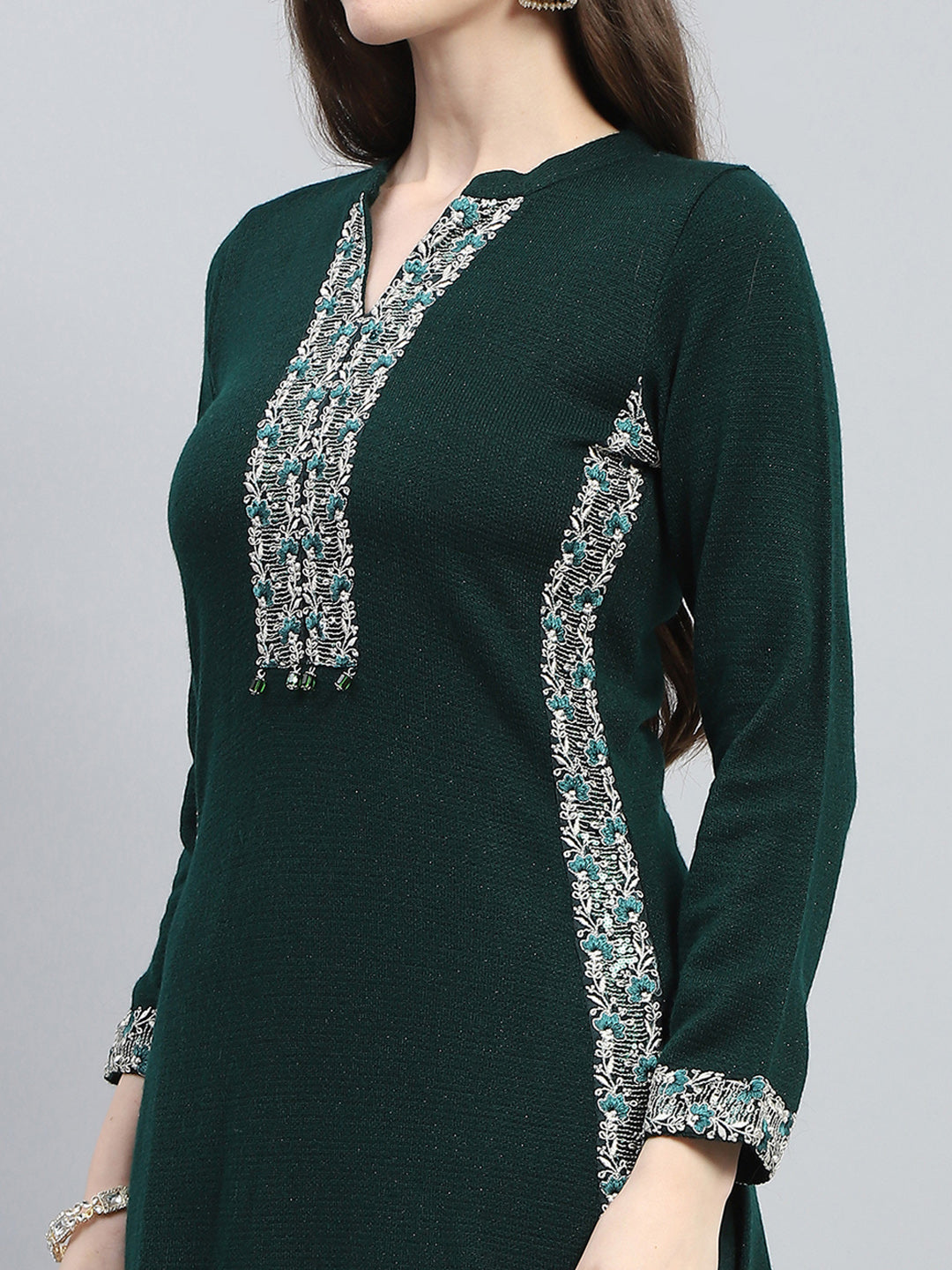 Women Green Embroidered Round Neck Full Sleeve Kurti Set for Winter