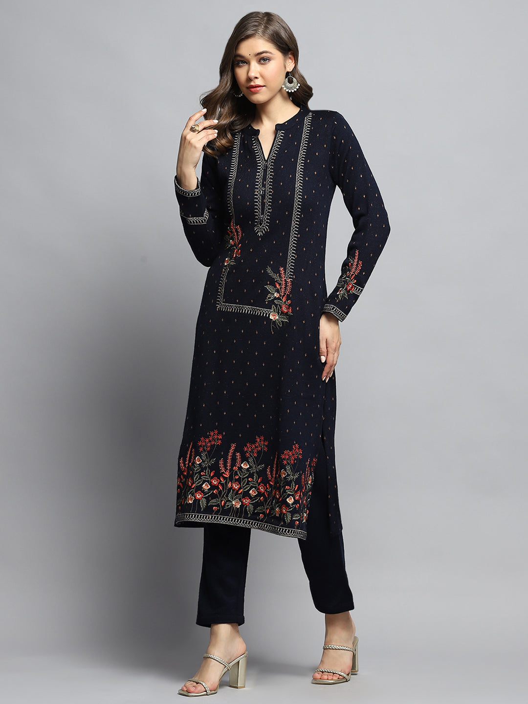 Women Navy Blue Self Design Round Neck Full Sleeve Kurti Set