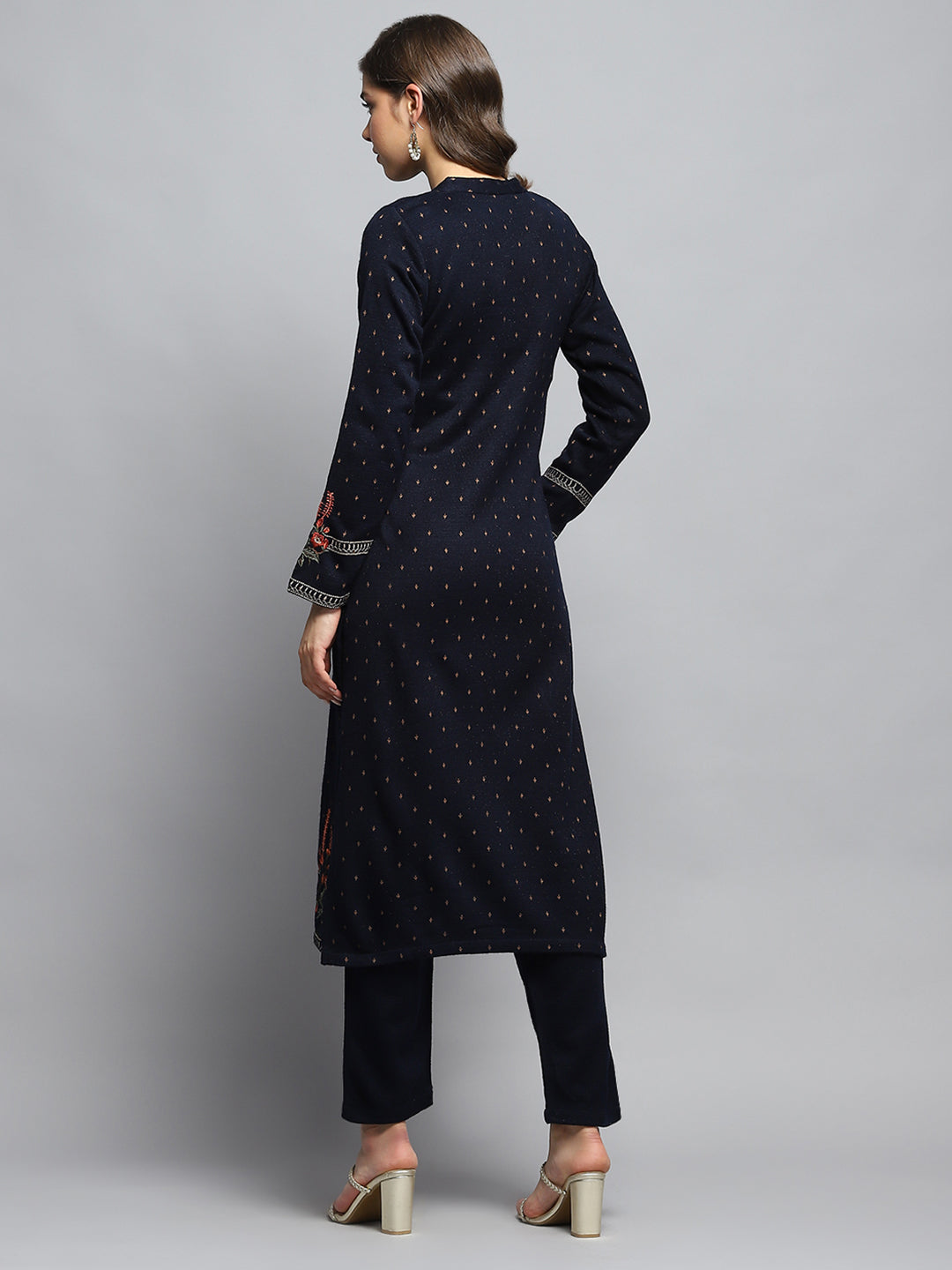 Women Navy Blue Self Design Round Neck Full Sleeve Kurti Set