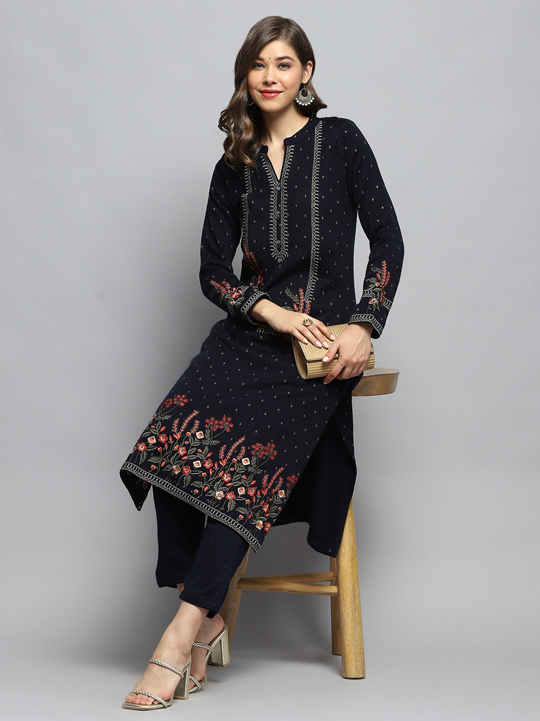 Women Navy Blue Self Design Round Neck Full Sleeve Kurti Set