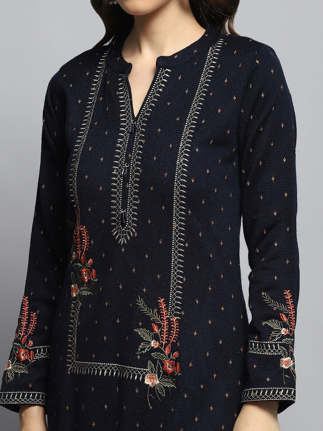 Women Navy Blue Self Design Round Neck Full Sleeve Kurti Set