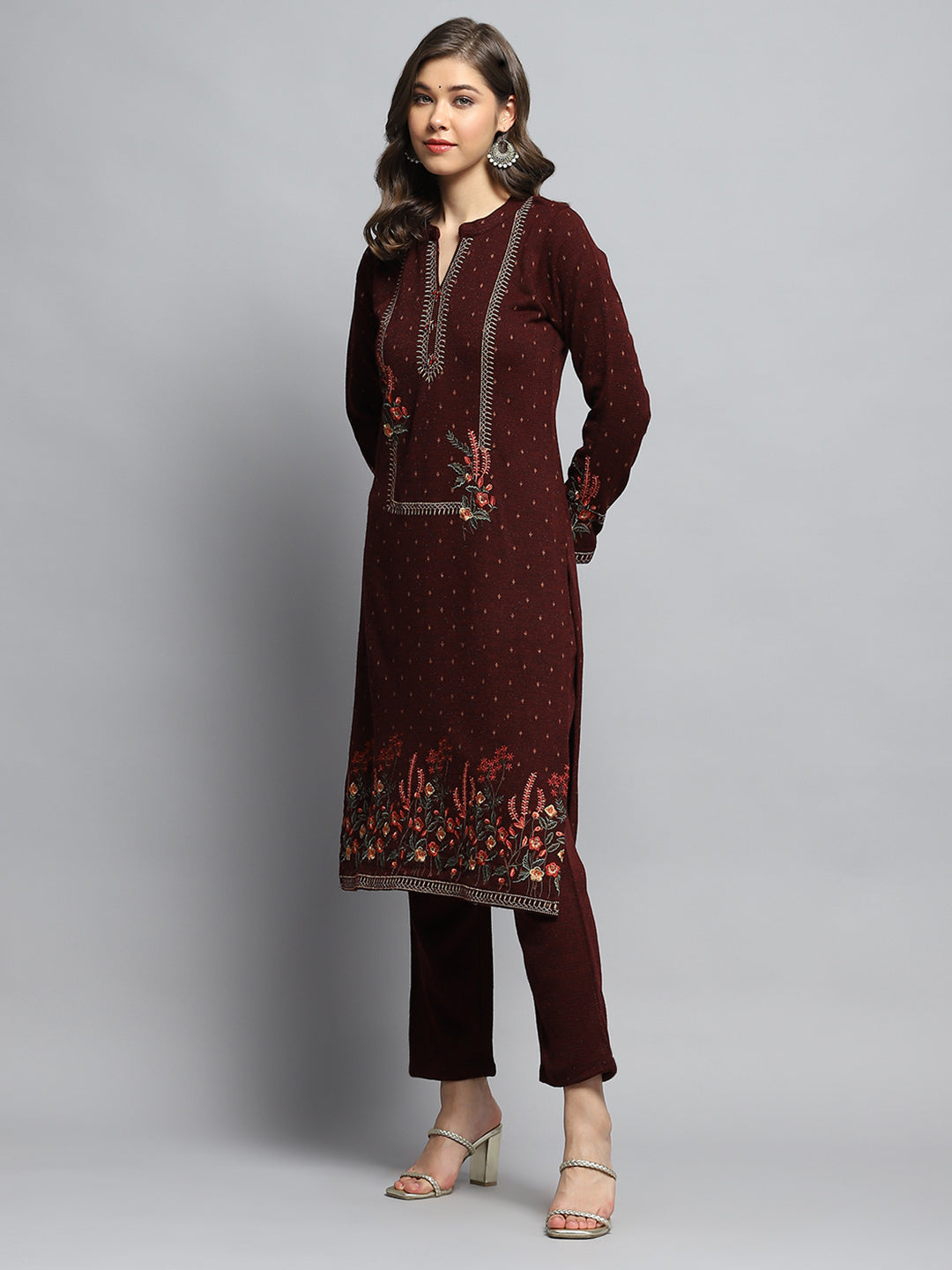 Women Maroon Self Design Round Neck Full Sleeve Kurti Set