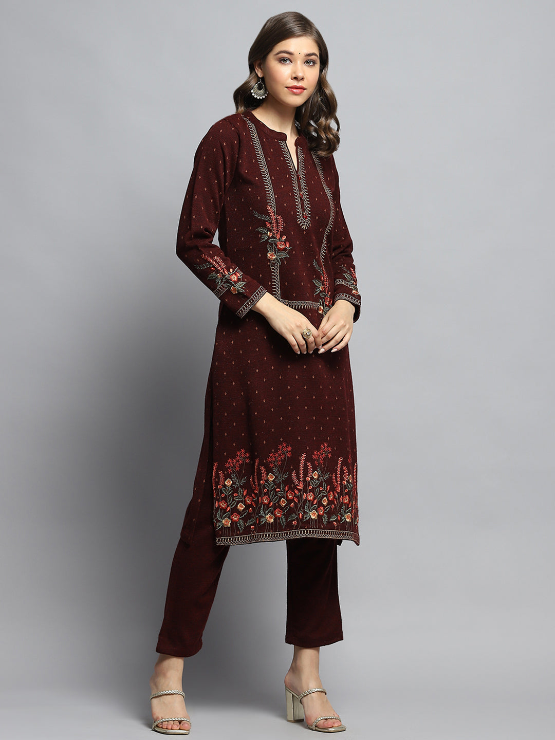 Women Maroon Self Design Round Neck Full Sleeve Kurti Set