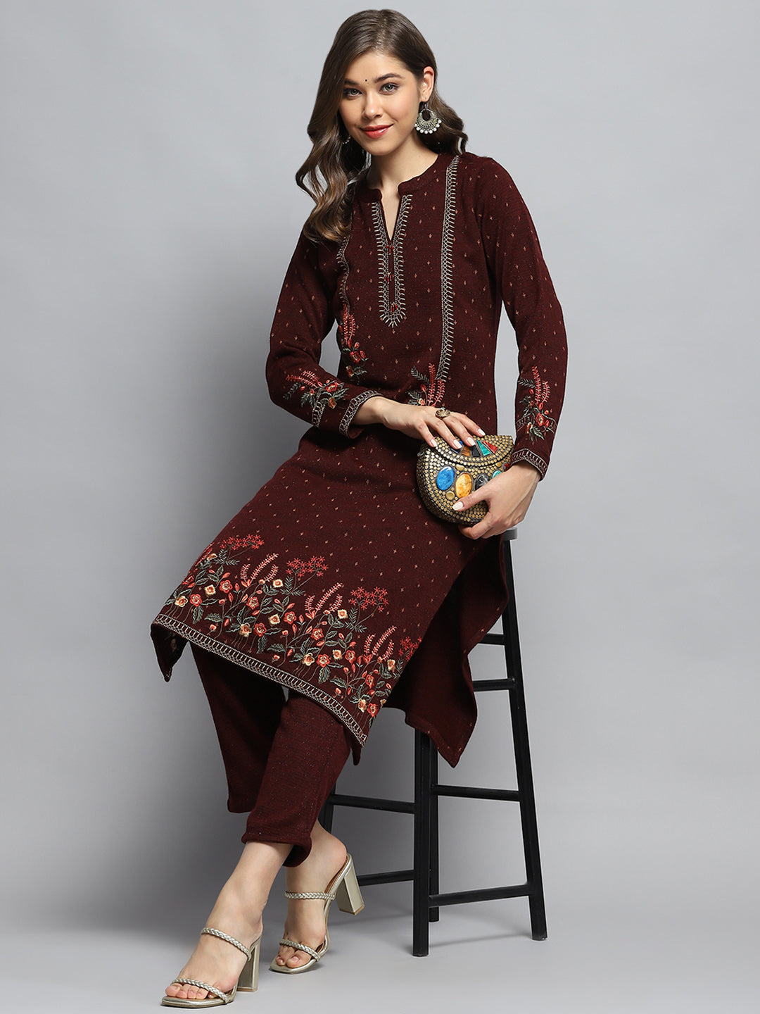 Women Maroon Self Design Round Neck Full Sleeve Kurti Set