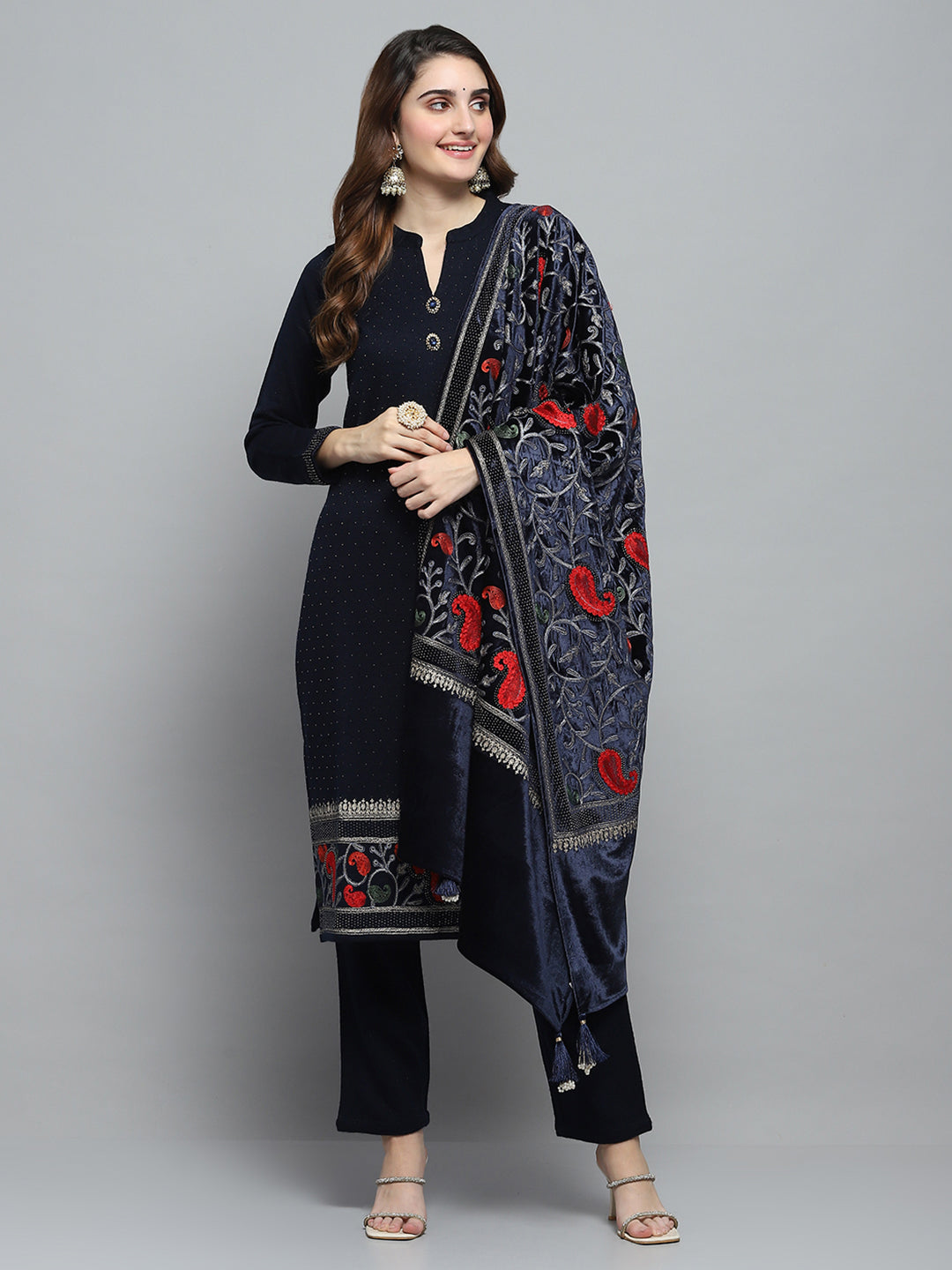 Women Navy Blue Self Design Round Neck Full Sleeve Kurti Set & Stole