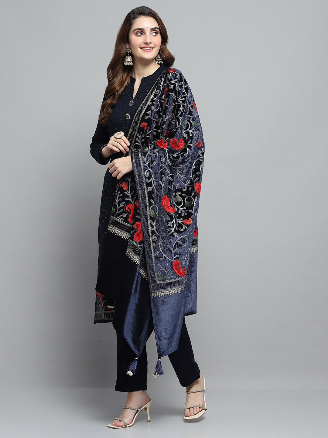 Women Navy Blue Self Design Round Neck Full Sleeve Kurti Set & Stole