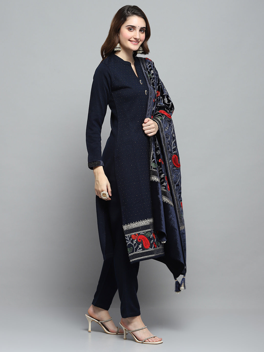 Women Navy Blue Self Design Round Neck Full Sleeve Kurti Set & Stole