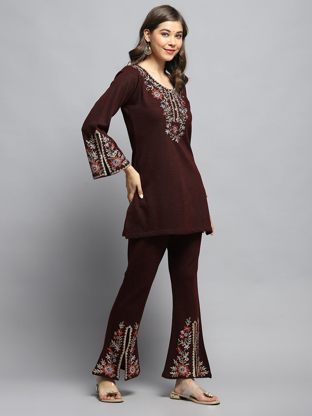 Women Maroon Self Design Round Neck Full Sleeve Kurti Set