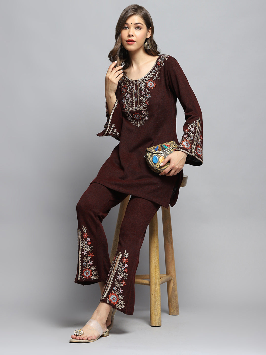 Women Maroon Self Design Round Neck Full Sleeve Kurti Set