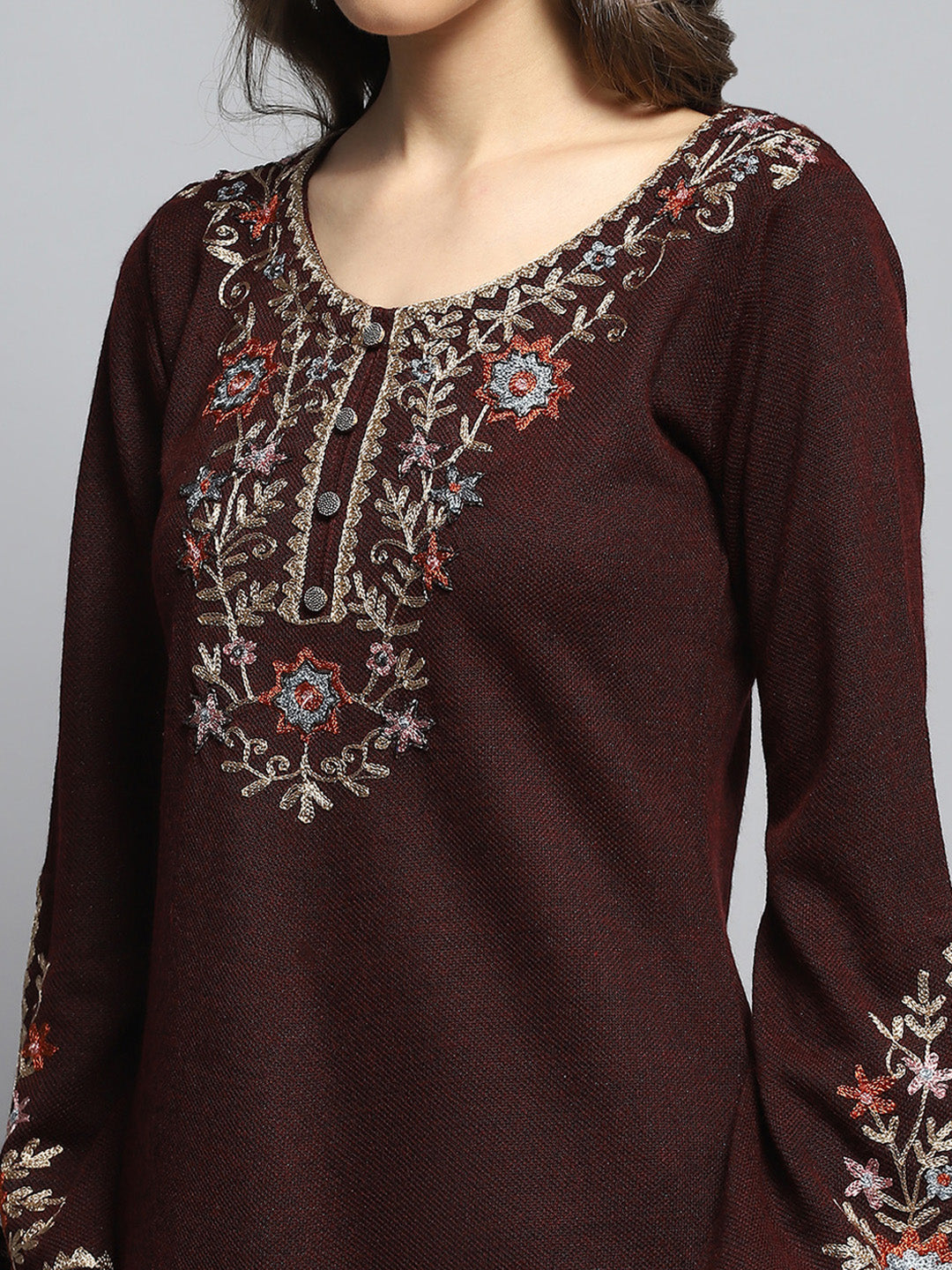 Women Maroon Self Design Round Neck Full Sleeve Kurti Set