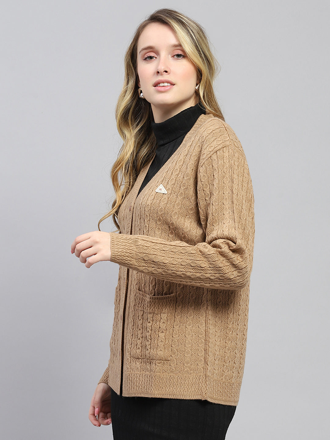 Women Khaki Self Design V Neck Full Sleeve Cardigan