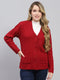 Women Red Self Design V Neck Full Sleeve Cardigan