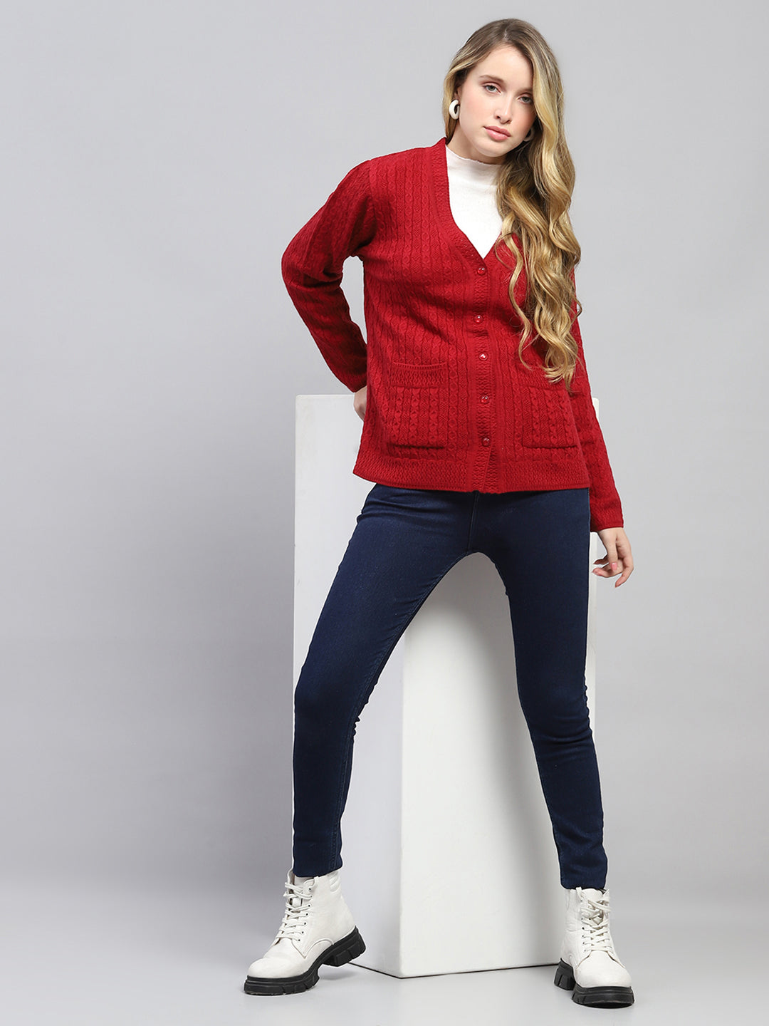 Women Red Self Design V Neck Full Sleeve Cardigan