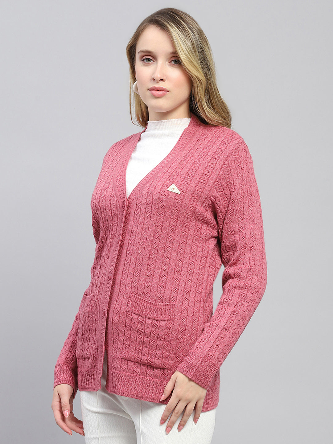 Women Pink Self Design V Neck Full Sleeve Cardigan