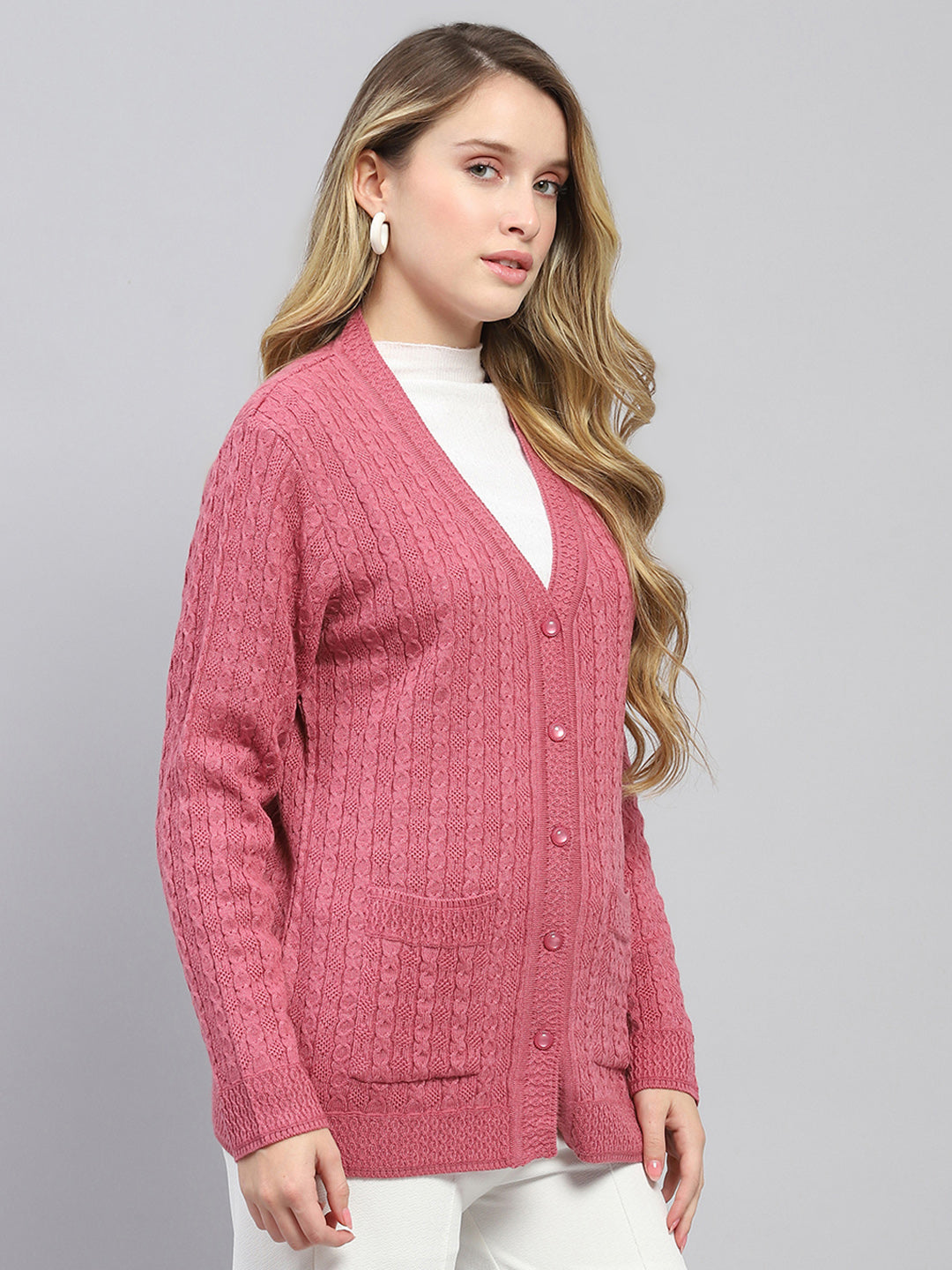 Women Pink Self Design V Neck Full Sleeve Cardigan