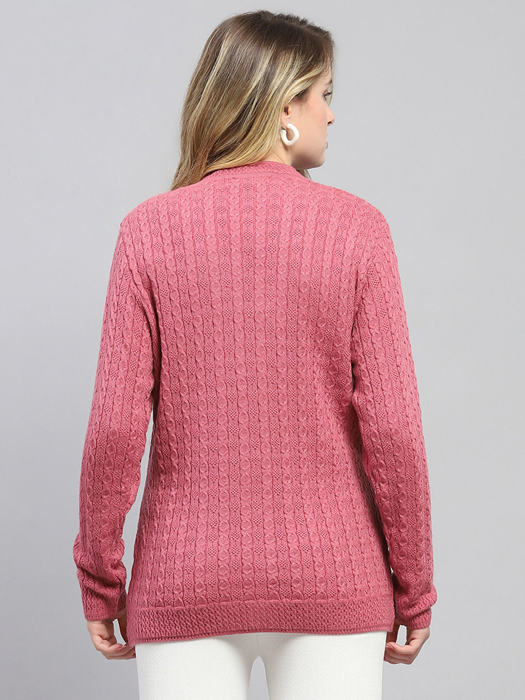 Women Pink Self Design V Neck Full Sleeve Cardigan