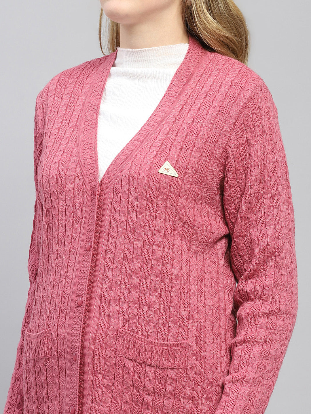 Women Pink Self Design V Neck Full Sleeve Cardigan