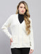 Women White Self Design V Neck Full Sleeve Cardigan