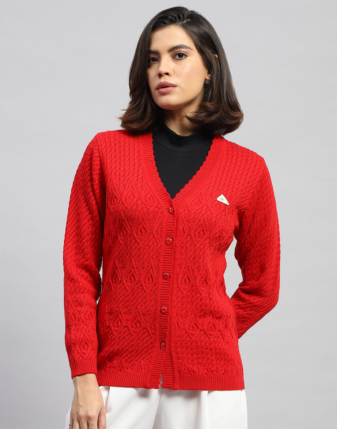 Women Red Self Design V Neck Full Sleeve Cardigan