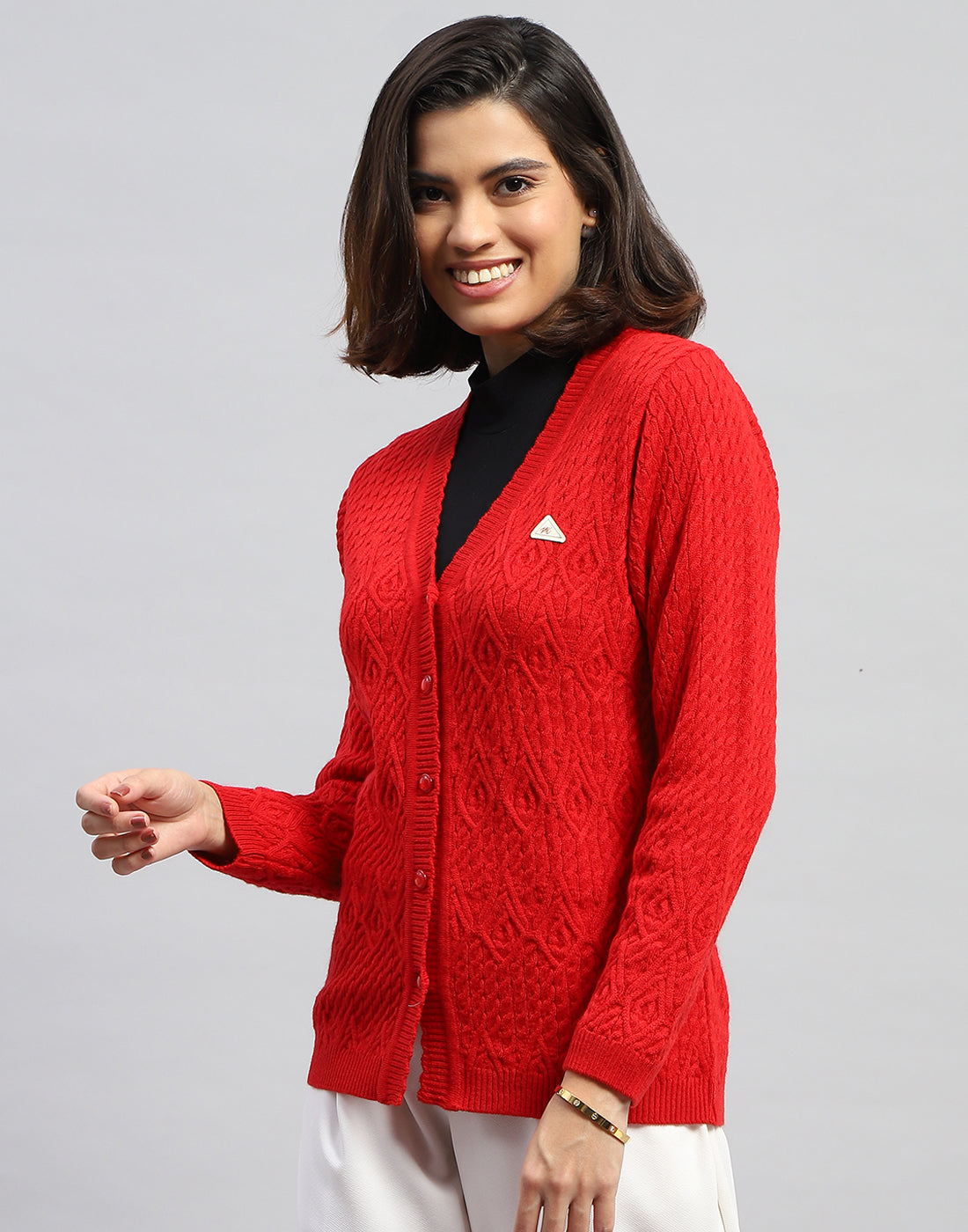 Women Red Self Design V Neck Full Sleeve Cardigan