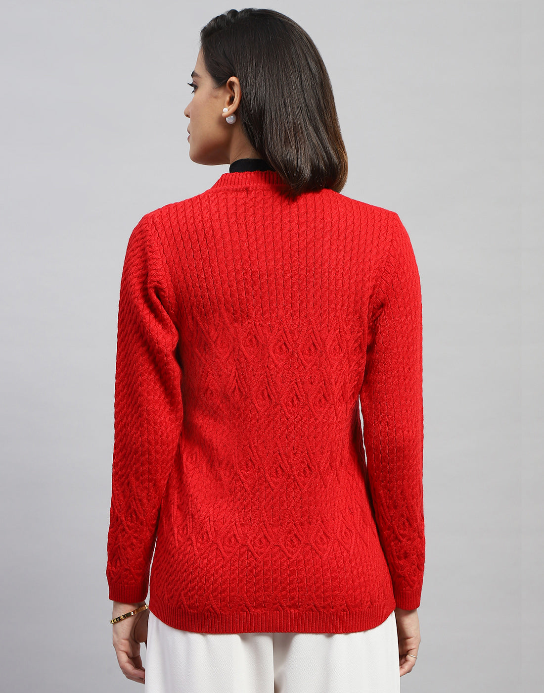 Women Red Self Design V Neck Full Sleeve Cardigan