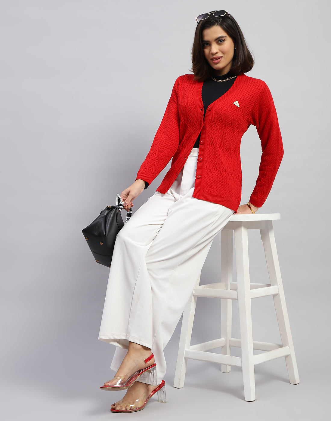 Women Red Self Design V Neck Full Sleeve Cardigan