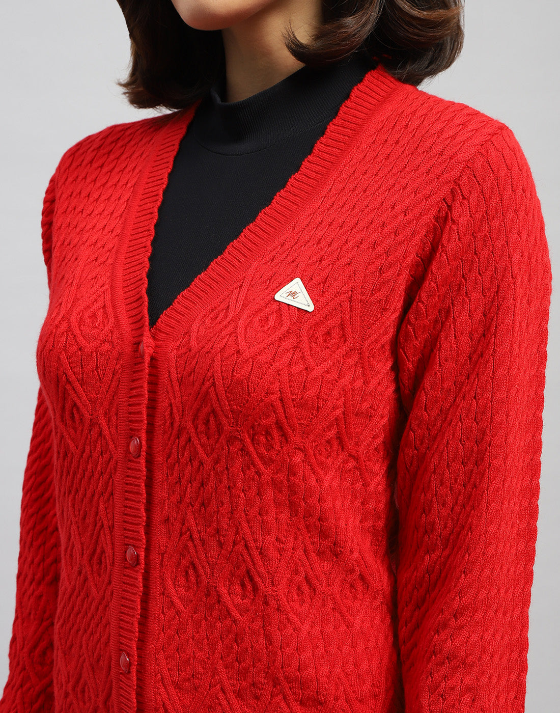 Women Red Self Design V Neck Full Sleeve Cardigan