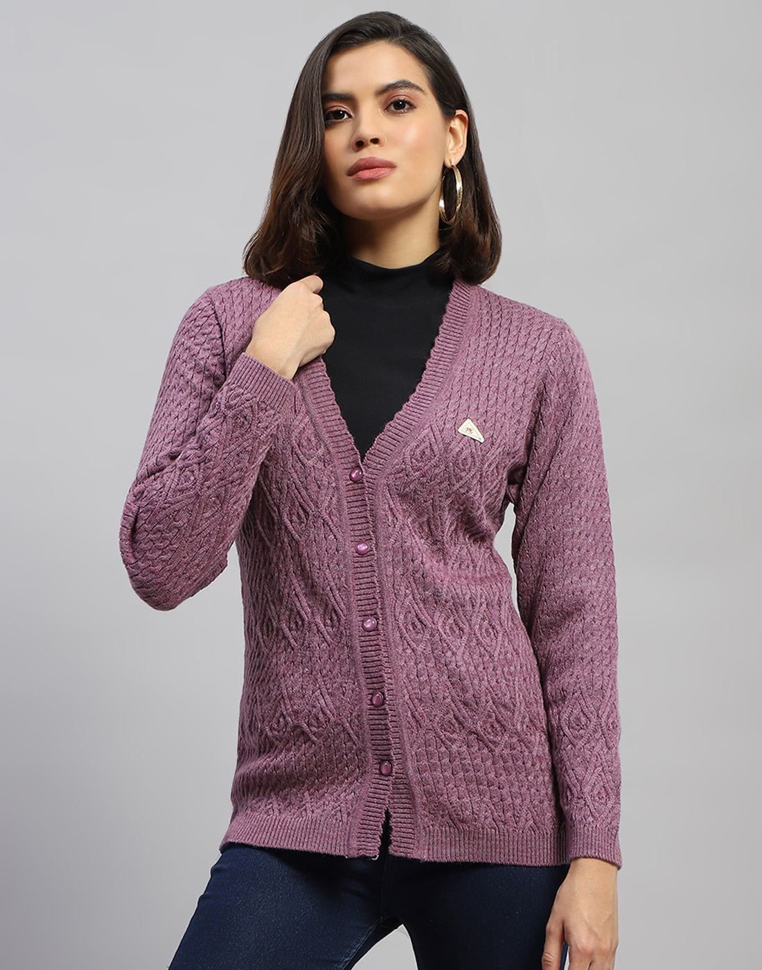 Women Purple Self Design V Neck Full Sleeve Cardigan