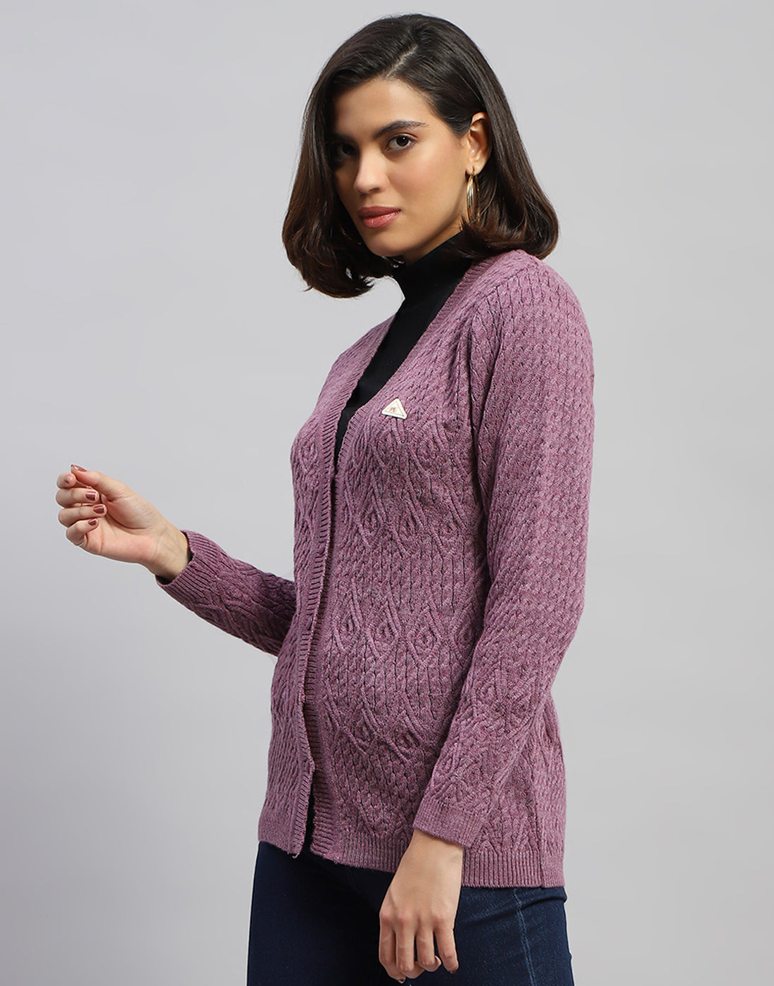 Women Purple Self Design V Neck Full Sleeve Cardigan