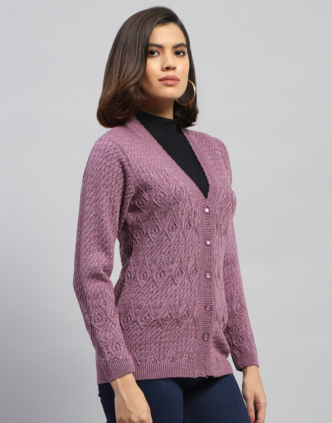 Women Purple Self Design V Neck Full Sleeve Cardigan