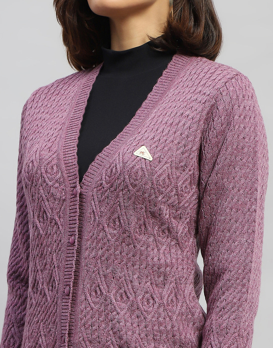 Women Purple Self Design V Neck Full Sleeve Cardigan