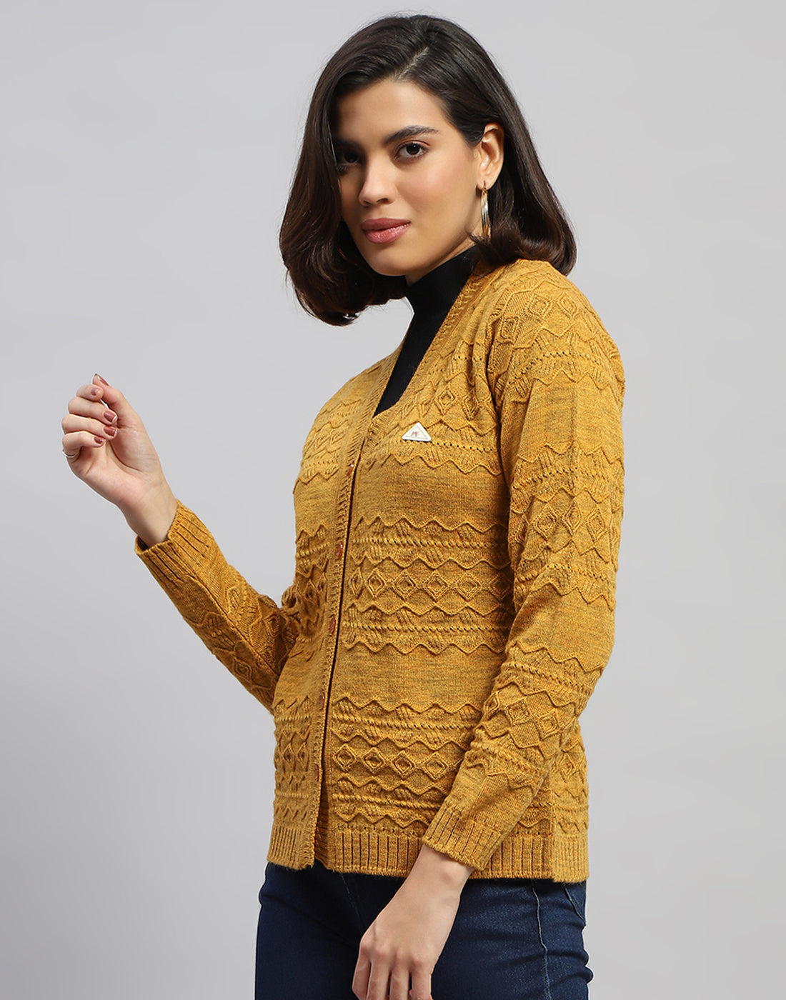 Women Mustard Self Design V Neck Full Sleeve Cardigan