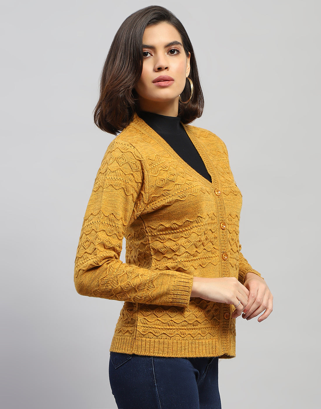 Women Mustard Self Design V Neck Full Sleeve Cardigan