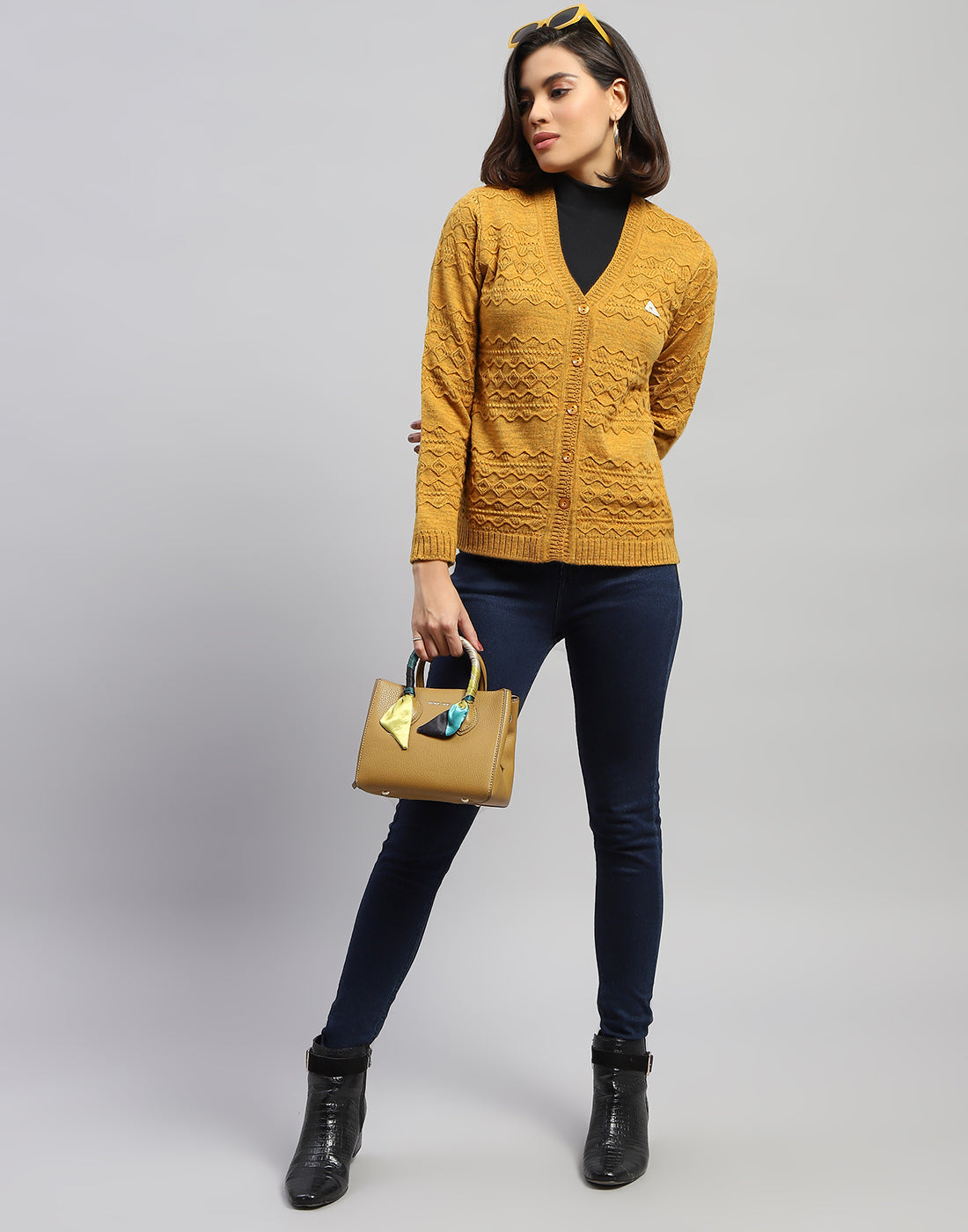 Women Mustard Self Design V Neck Full Sleeve Cardigan