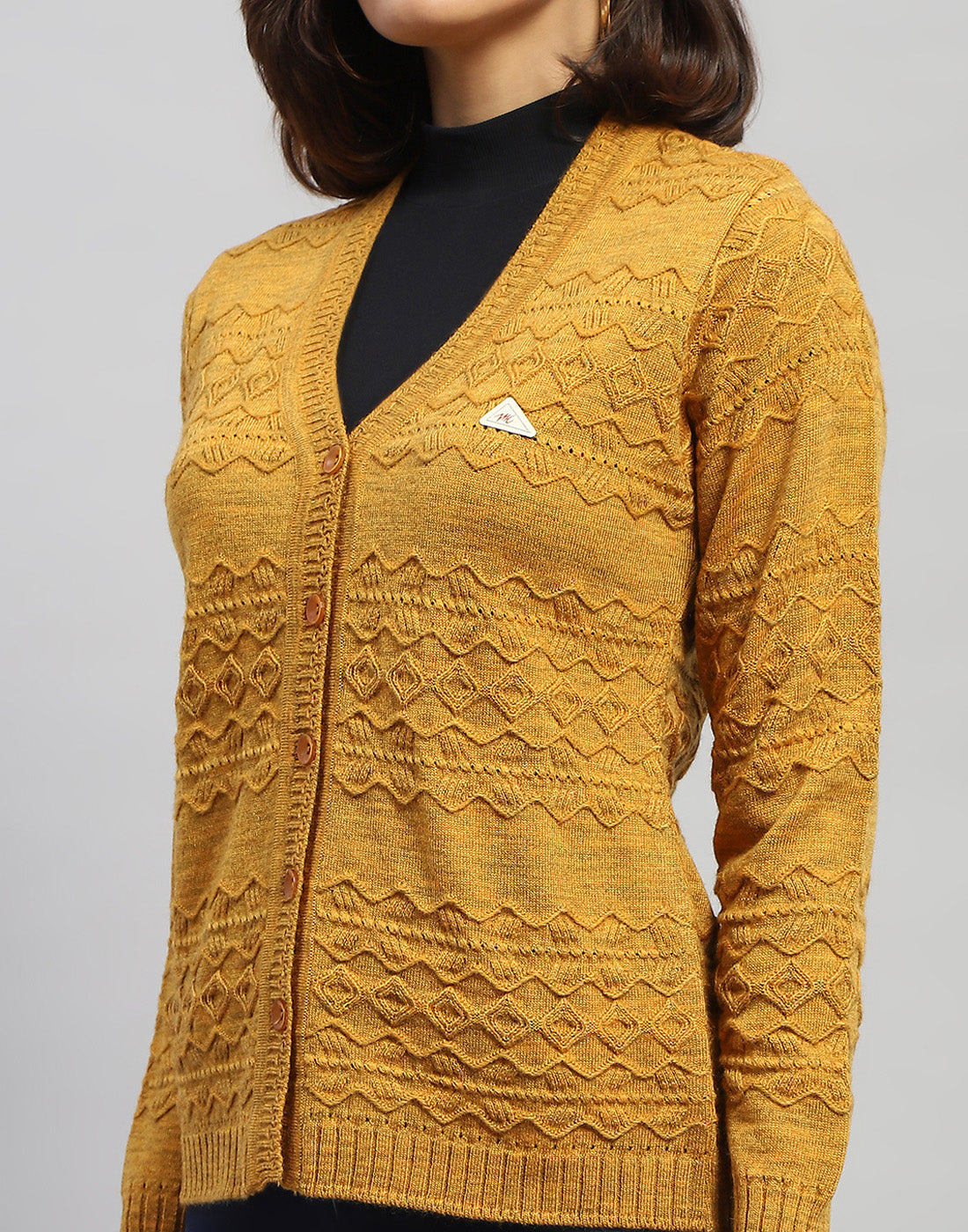 Women Mustard Self Design V Neck Full Sleeve Cardigan