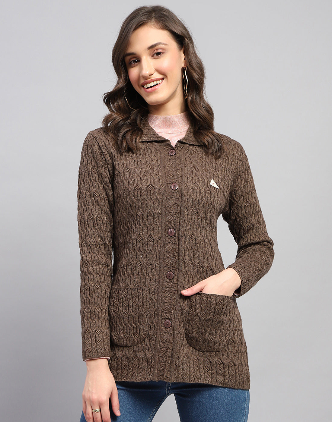 Women Brown Self Design Collar Full Sleeve Cardigan