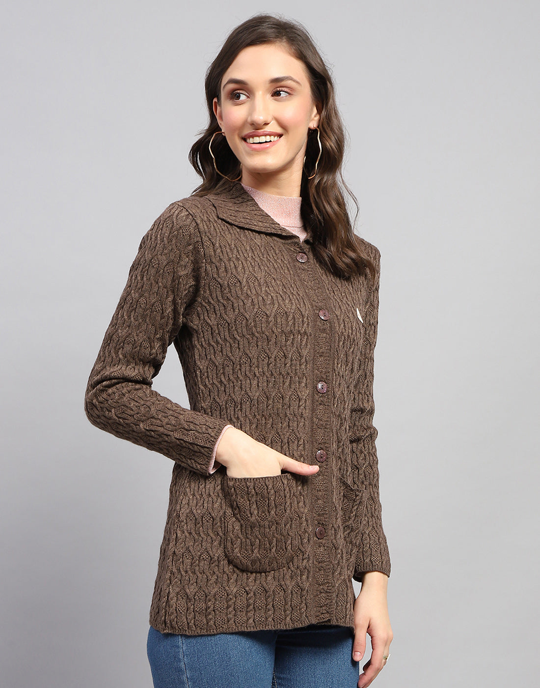 Women Brown Self Design Collar Full Sleeve Cardigan