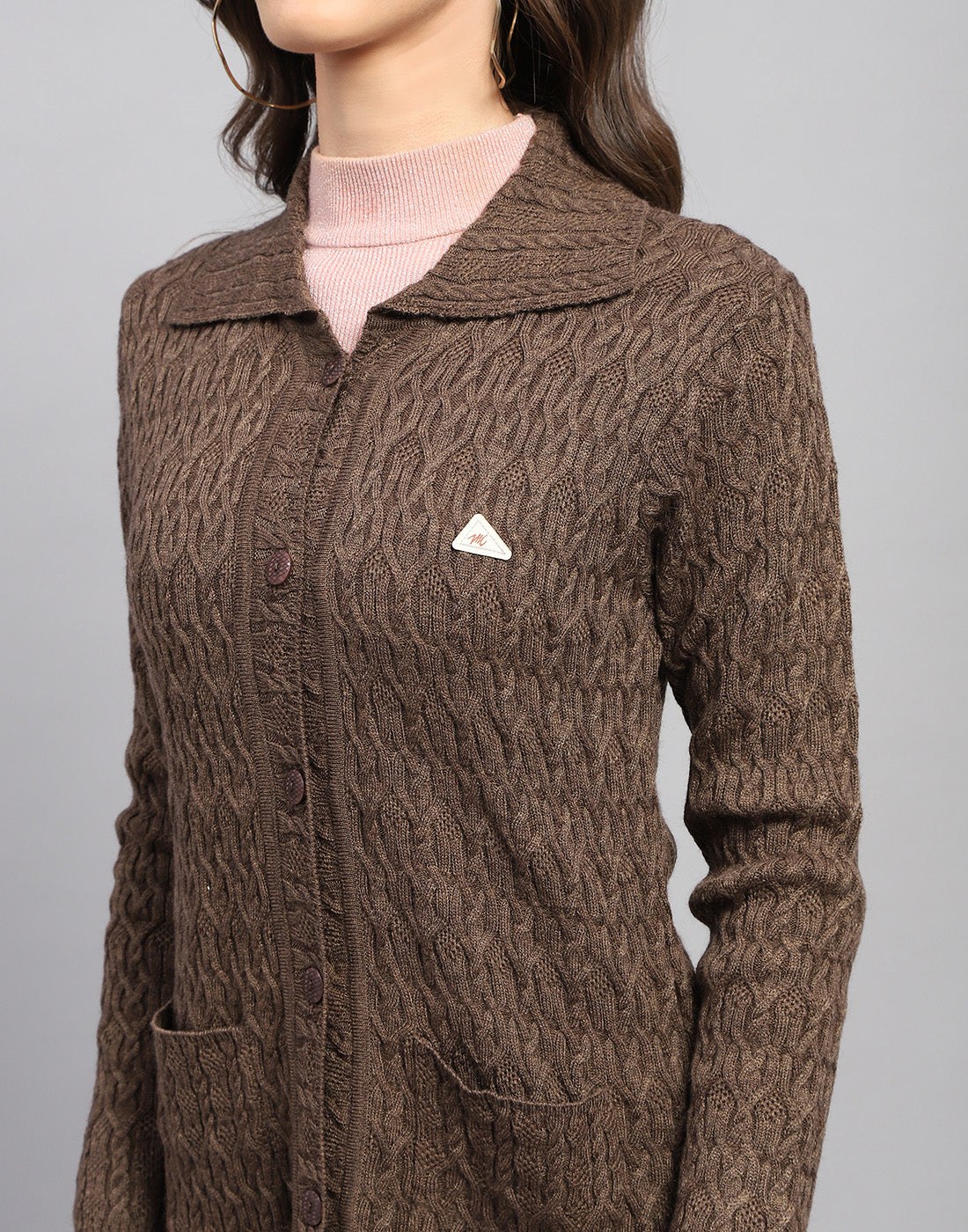 Women Brown Self Design Collar Full Sleeve Cardigan