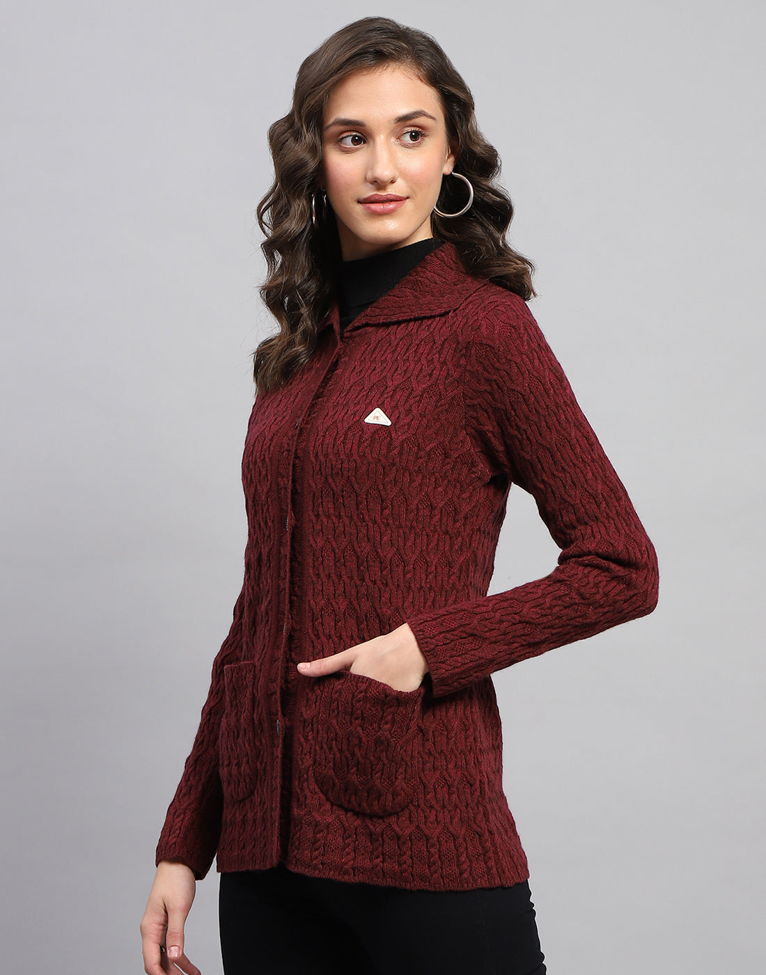 Women Maroon Self Design Collar Full Sleeve Cardigan