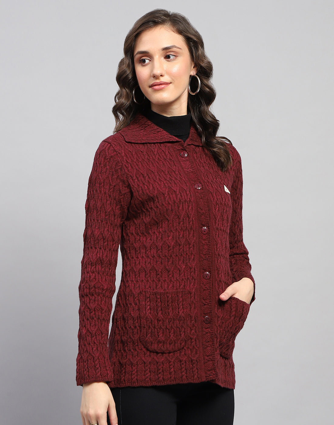 Women Maroon Self Design Collar Full Sleeve Cardigan