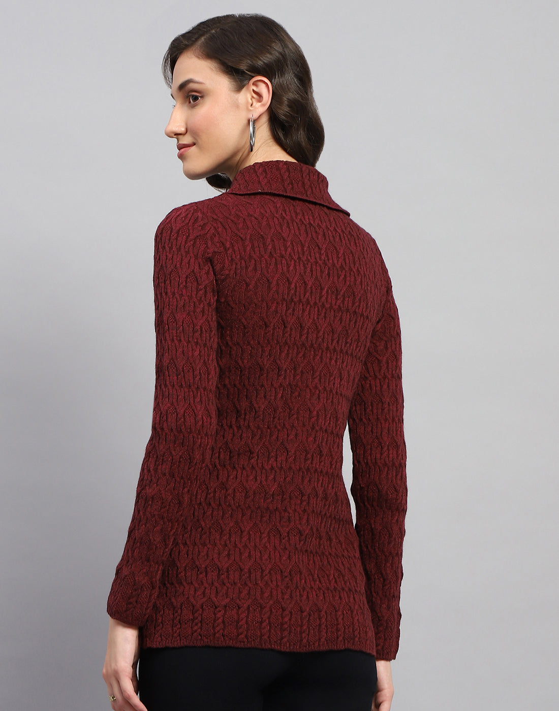 Women Maroon Self Design Collar Full Sleeve Cardigan