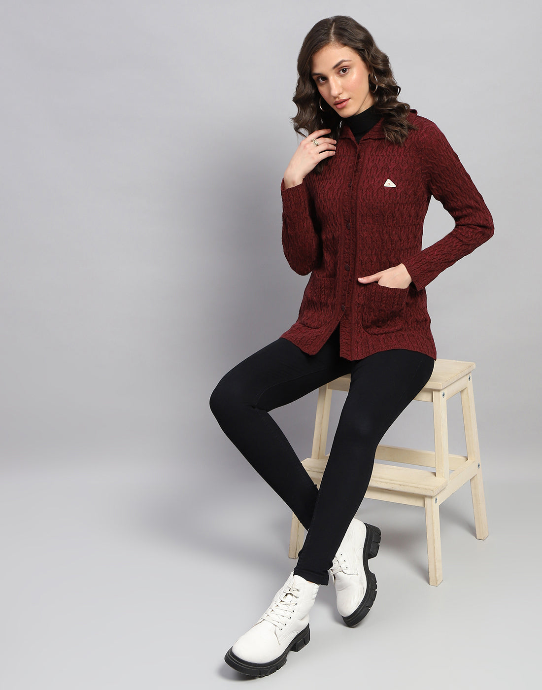 Women Maroon Self Design Collar Full Sleeve Cardigan