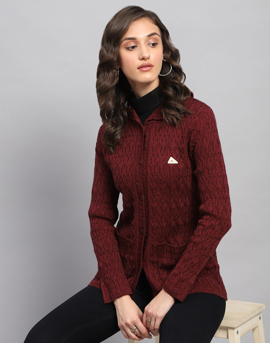 Women Maroon Self Design Collar Full Sleeve Cardigan