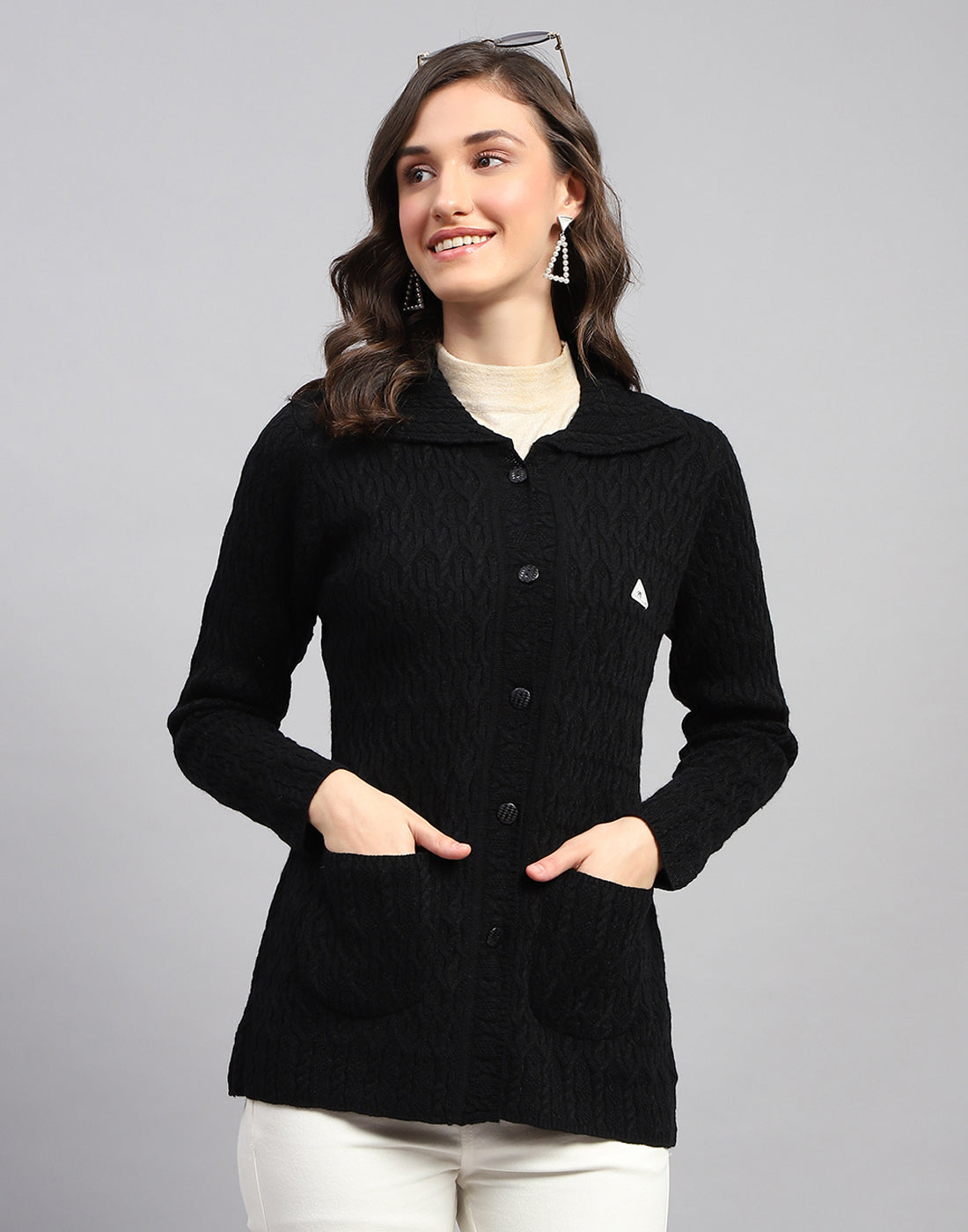 Women Navy Blue Self Design Collar Full Sleeve Cardigan